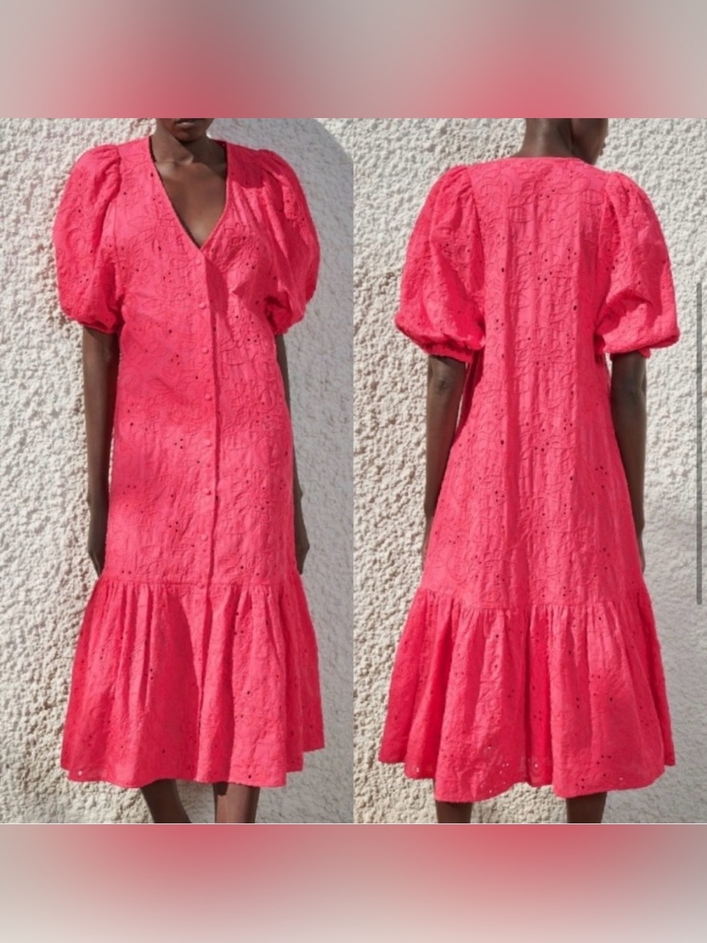 💃 ZARA Neon Pink Eyelet Dress 🌸 Perfect Summer Ruffle Maxi 🌴 L